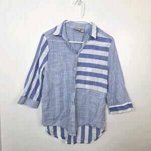 Chico's Blue White‎ Striped Button Up Coastal Cotton 3/4 Sleeve Shirt Size 8